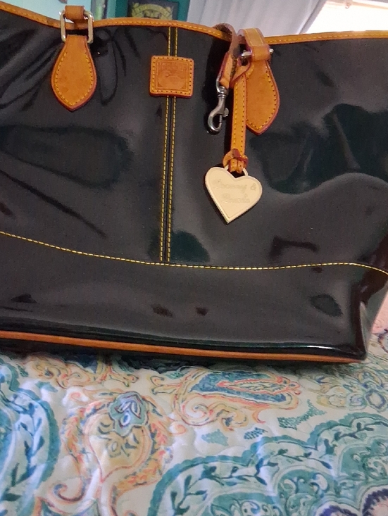 Dooney & Bourke Handbags - Dooney & Bourke Black Patent Tote with Tan Trim and Heart Charm